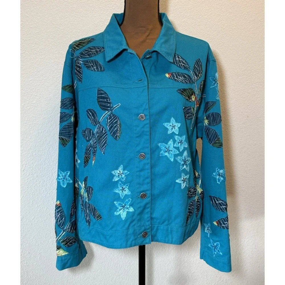 Chicos Teal Tropical/Leaf/Parrot Applique/Beaded Denim Jacket Sz 3 (XL-16) Artsy